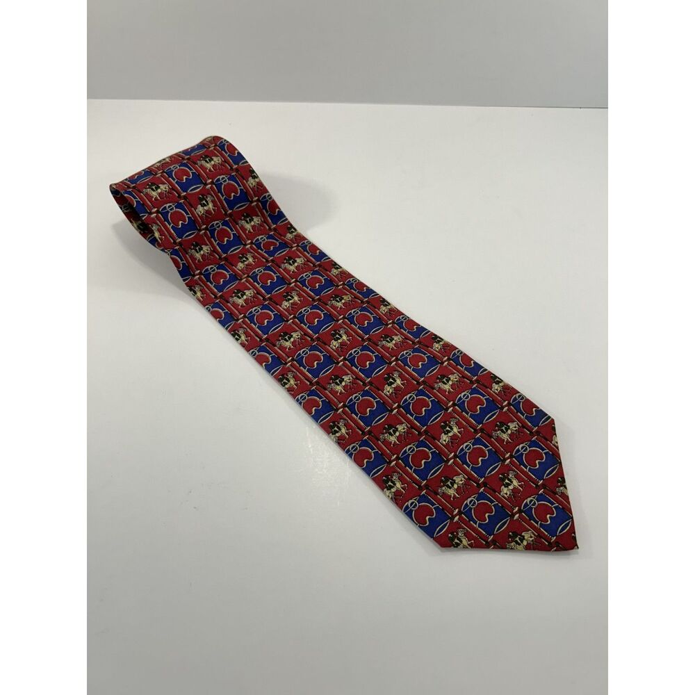 Vintage Adolfo New York Milan Silk Tie Red Blue Equestrian Horse Print